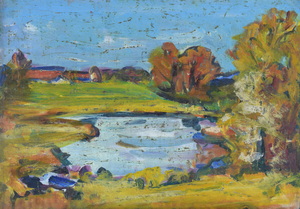 Werkverzeichnis Nr. 716, um 1973, Weiher mit Gehöft und Bäumen, Öl auf Karton, 40,0 x 57,0 cm