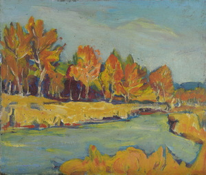 Werkverzeichnis Nr. 715, um 1973, Gewässer mit Bäumen, Öl auf Karton, 40,4 x 47,1 cm