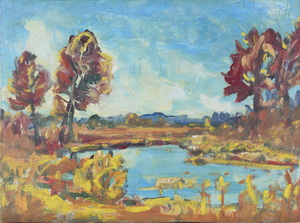 Werkverzeichnis Nr. 713, um 1973,  Mooslandschaft mit Teich und Bäumen, Öl auf Karton, 44,6 x 59,4 cm