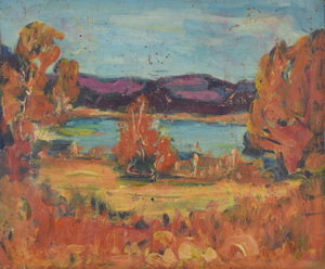 Werkverzeichnis Nr. 729, um 1973, Moorsee vor Bergen, Öl auf Hartfaser, 47,0 x 56,8 cm