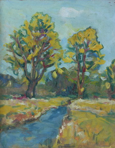 Werkverzeichnis Nr. 740, um 1973, Wassergraben mit zwei hohen Bäumen, Öl auf Karton, 47,8 x 37,4 cm
