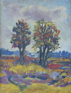 Werkverzeichnis Nr. 742, um 1973, Zwei Baumgruppen in einer Mooslandschaft, Öl auf Karton, 48,5 x 37,5 cm