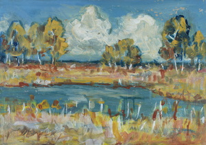 Werkverzeichnis Nr. 714, um 1973,  Mooslandschaft mit einem Gewässer, Öl auf Karton, 52,9 x 38,2 cm