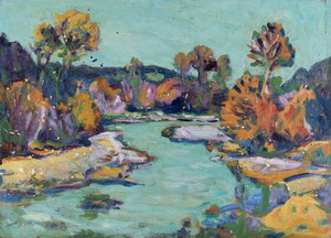 Werkverzeichnis Nr. 788,um 1974, Isar mit Sandbänken,  Öl auf Karton, 57,1 x 79,6 cm