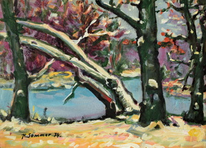 Werkverzeichnis Nr. 765,  1974, Baumstämme im Winter an einem Gewässer, Öl auf Karton, 38,0 x 52,8 cm,
						bez. u.l.:  K. Sommer 74