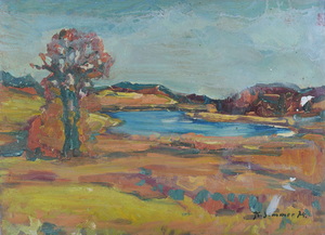 Werkverzeichnis Nr. 771,  1974, Mooslandschaft mit Gewässer, Öl auf Karton, 38,2 x 52,8 cm,
						bez. u.r.:  K. Sommer 74