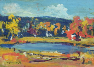 Werkverzeichnis Nr. 770, 1974, Bäume an einem kleinen See, Öl auf Hartfaser, 38,0 x 53,0 cm,
						bez. u.l.:  K. Sommer 74