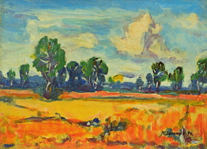 Werkverzeichnis Nr. 769, 1974, Felder mit Bäumen, Öl auf Karton, 38,3 x 53,0 cm cm,
						bez. u.r.:  K. Sommer 74
