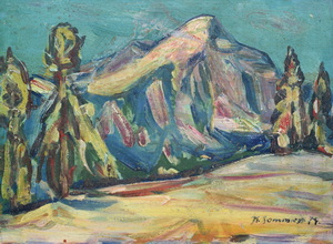 Werkverzeichnis Nr. 777,  1974, Berg mit Bäumen, Öl auf Karton, 38,4 x 52,8 cm,
						bez. u.r.:  K. Sommer 74