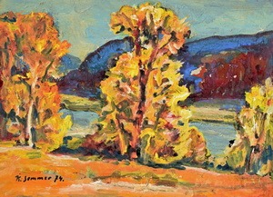 Werkverzeichnis Nr. 764, 1974, Bäume an einem Gewässer, Öl auf Karton 38,5 x 53,3 cm,
						bez. u.l.:  K. Sommer 74