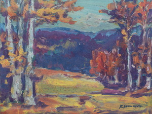 Werkverzeichnis Nr. 779, 1974, Blick zwischen Bäumen auf die Voralpen, Öl auf Karton, 44,3 x 59,3 cm
