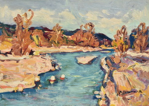 Werkverzeichnis Nr. 762, um 1974, Pupplinger Au, Isar bei Wolfratshausen, Öl auf Karton, 57,2 x 80,0 cm<br>
						bez. u.r.:  K. Sommer 74