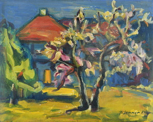 Werkverzeichnis Nr. 781,  1974, Häuser in Moosach mit blühenden Bäumen, Öl auf Hartfaser, 57,5 x 72,0 cm