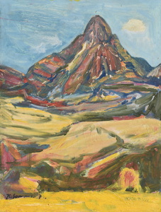 Werkverzeichnis Nr. 778,  1974, Berg mit Feldern, Acryl auf Karton, 59,0 x 44,4 cm