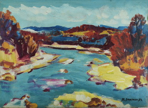 Werkverzeichnis Nr. 763, um 1974, Pupplinger Au, Isar bei Wolfratshausen, Öl auf Karton, 38,5 x 52,9 cm