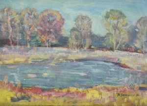 Werkverzeichnis Nr. 766, 1974, Teich mit Bäumen, Öl auf Karton 38,1 x 52,8 cm,
						bez. u.r.:  K. Sommer 74