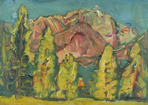 Werkverzeichnis Nr. 775,  1974, Bergmassiv,  Öl auf Karton, 38,2 x 53,0 cm<br>
						bez. u.r.:  K. Sommer 74