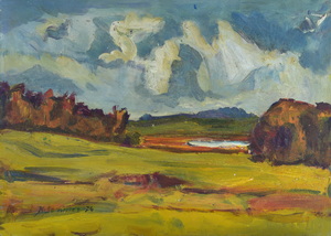 Werkverzeichnis Nr. 767,  1974, Hügelige Landschaft mit Weiher,  Öl auf Karton, 38,3 x 52,7 cm<br>
						bez. u.r.:  K. Sommer 74