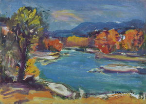 Werkverzeichnis Nr. 761,  1974, Isar,  Öl auf Karton, 38,3 x 52,7 cm<br>
						bez. u.r.:  K. Sommer 74