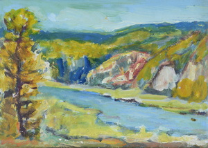 Werkverzeichnis Nr. 790, um 1974, 1974, Isar mit Steilwänden,  Öl auf Karton, 38,3 x 52,9 cm