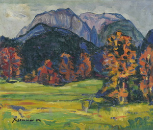 Werkverzeichnis Nr. 774,  1974, Bergmassiv,  Öl auf Karton, 55,0 x 64,5 cm<br>
						bez. u.l.:  K. Sommer 74