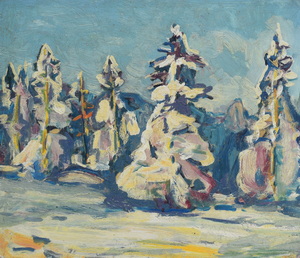 Werkverzeichnis Nr. 835, um 1974, Schneebedeckte Tannen im Gebirge, Öl auf Karton, 49,0 x 57,0 cm