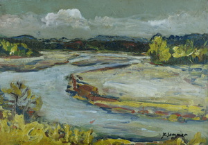 Werkverzeichnis Nr. 791, um 1974,  Isar mit Sandbänken, Öl auf Karton, 40,0 x 57,5 cm