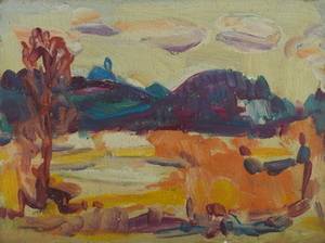 Werkverzeichnis Nr. 1754, um 1974, Skizze, Berge mit Baum, Acryl auf Karton, 15,6 x 21,0 cm
