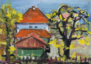 Werkverzeichnis Nr. 782, um 1974, Häuser in Moosach mit Bäumen, Öl auf Karton, 20,8 x 29,7 cm