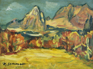 Werkverzeichnis Nr. 832, um 1974, Skizze des Watzmannes vom Perlerlehen, Öl auf Karton, 26,2 x 35,1 cm