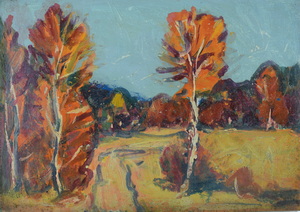 Werkverzeichnis Nr. 824, um 1974,  Bäume an einem Weg, Öl auf Karton, 26,9 x 38,7 cm