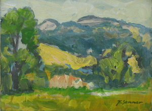 Werkverzeichnis Nr. 833, um 1974, Berge und Bäume, Acryl auf Karton, 40,5 x 57,1 cm	