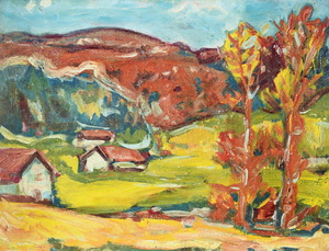 Werkverzeichnis Nr. 783, um 1974, Häuser in hügeliger Landschaft, Öl auf Karton, 37,4 x 49,0 cm