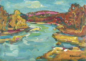 Werkverzeichnis Nr. 792, um 1974, Isar, Öl auf Karton, 37,6 x 48,8 cm