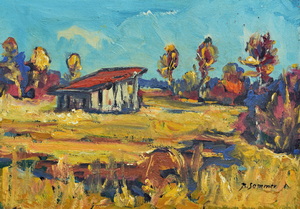 Werkverzeichnis Nr. 784, um 1974, Dachauer Moos, Öl auf Karton, 37,8 x 48,6 cm