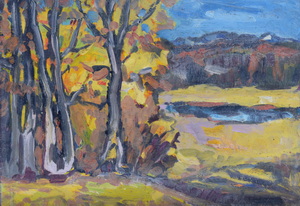 Werkverzeichnis Nr. 809, um 1974, Voralpenlandschaft mit Bäumen und einem kleinen Gewässer, Öl auf Karton, 39,8 x 57,3 cm