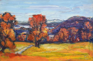 Werkverzeichnis Nr. 810, um 1974, Voralpenlandschaft mit herbstlichen Bäumen, Öl auf Karton, 40,0 x 60,0 cm