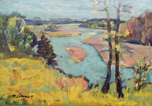 Werkverzeichnis Nr. 794, um 1974, Blick auf die Isar mit zwei Bäumen, Öl auf Karton, 40,4 x 57,2 cm, bez. u.l.: K. Sommer