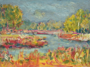 Werkverzeichnis Nr. 814, um 1974, Mooslandschaft mit Gewässer, Acryl auf Karton, 44,5 x 59,5 cm