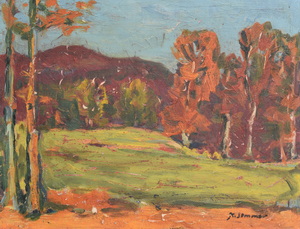 Werkverzeichnis Nr. 823, um 1974, Bäume an einem Feld, Acryl auf Karton, 44,6 x 59,2 cm