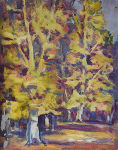 Werkverzeichnis Nr. 825, um 1974, Waldbäume mit gelbem Laub, Öl auf Karton, 49,0 x 57,2 cm