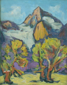 Werkverzeichnis Nr. 830, um 1974, Schneebedeckter Berg und Bäume, Acryl auf Karton, 48,5 x 38,1 cm 