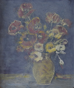Werkverzeichnis Nr. 829, um 1974, Übermaltes Blumenstillleben, Öl auf Hartfaser, 49,1 x 55,4 cm