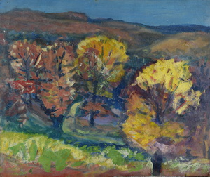 Werkverzeichnis Nr. 828, um 1974, Bäume in hügeliger Landschaft, Öl auf Hartfaser, 55,4 x 49,1 cm 