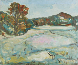 Werkverzeichnis Nr. 836, um 1974, Schneebedeckte Hügelige Landschaft, Öl auf Karton, 54,4 x 65,0cm