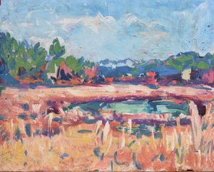 Werkverzeichnis Nr. 801, um 1974,  Kleinerer Ostersee, Öl auf Hartfaser, 56,5 x 70,5 cm