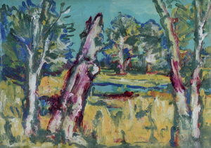 Werkverzeichnis Nr. 803, um 1974, Baumruine und Bäume an einem Tümpel, Öl auf Karton, 57,0 x 80,2 cm