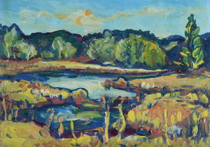 Werkverzeichnis Nr. 804, um 1974, Gewässer in einer Mooslandschaft, Öl auf Hartfaser, 57,1 x 80,4 cm