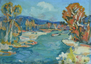 Werkverzeichnis Nr. 789, um 1974, Isar mit Sandbänken,  Öl auf Karton, 57,2 x 80,4 cm