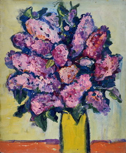 Werkverzeichnis Nr. 837, um 1974, Flieder in gelber Vase, Öl auf Hartfaser, 54,2 x 44,5 cm
